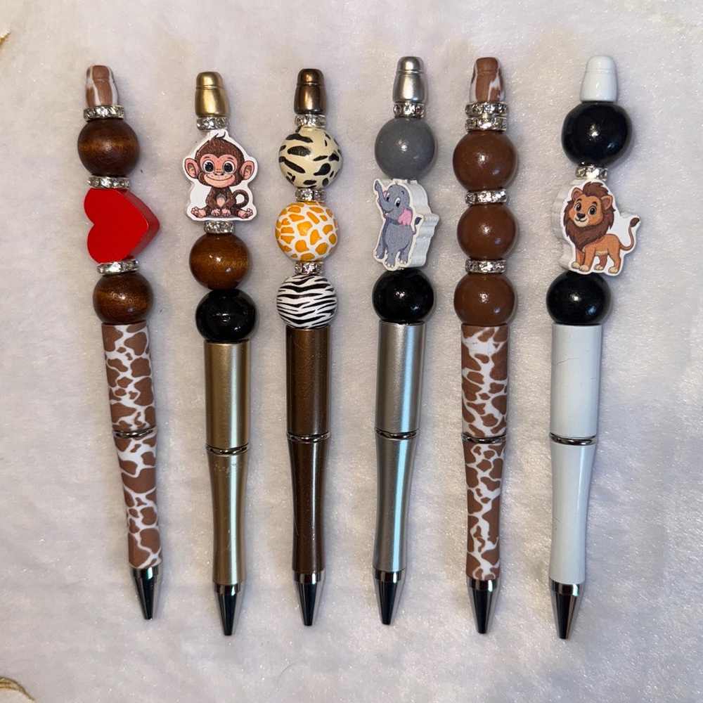 6 piece- Jungle Animal themed handcrafted beaded pens set.